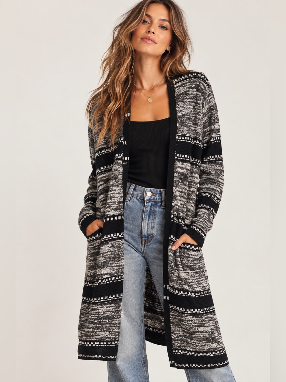 PAIGE Black and Gray Striped Open Cardigan